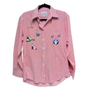 Las Olas Lighthouse Button Up Long‎ Sleeve Striped Shirt Red Women's Size Medium